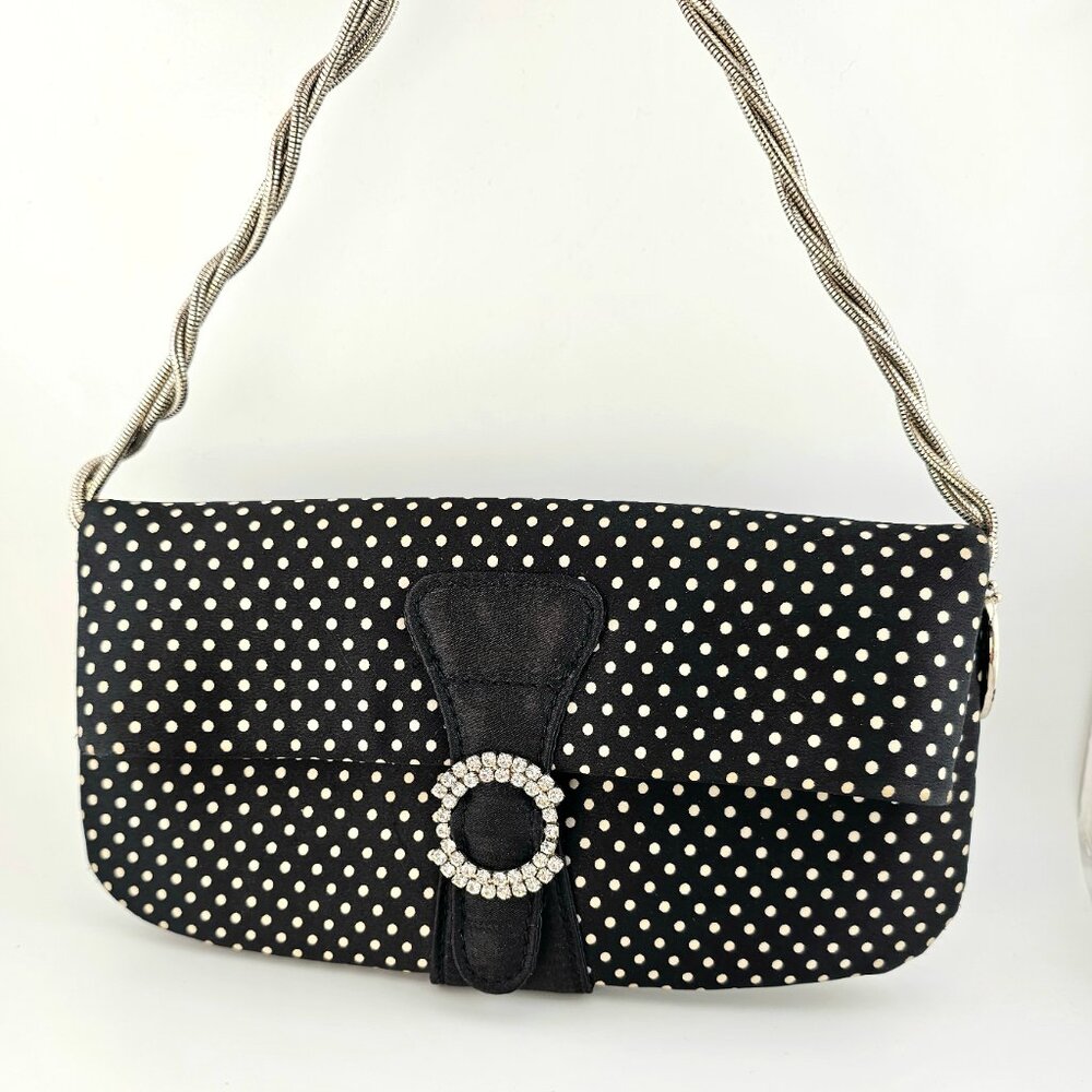 Vintage Steve Madden Polka Dot Rhinestone Clutch Black White Y2K Convertible Bag